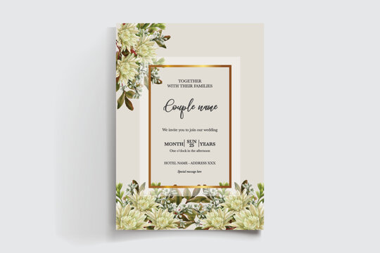 WEDDING INVITATION FRAME WITH FLOWER DECORATIONS AND FRESH LEAVES