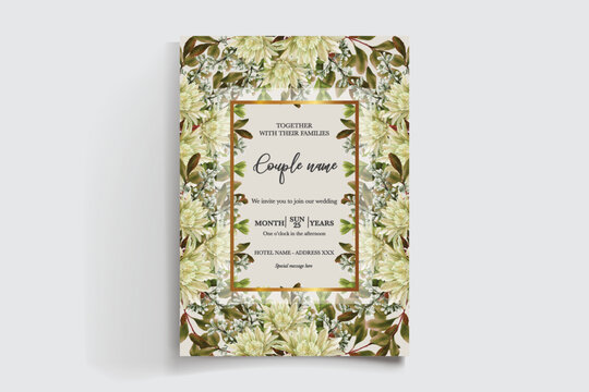 WEDDING INVITATION FRAME WITH FLOWER DECORATIONS AND FRESH LEAVES
