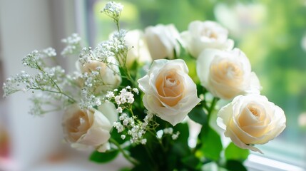 Poster - beautiful white roses arranged elegantly in a bright room filled with natural light during the dayti