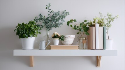 Poster - Plant arrangement on a minimalist shelf in a modern home interior featuring various green plants and decor items