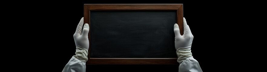 Aufkleber - Close-up of the white gloved hands of a chef or a waiter, holding an empty blackboard with wooden frame and copy space, isolated on black background. Template for a restaurant menu. Generative Ai.