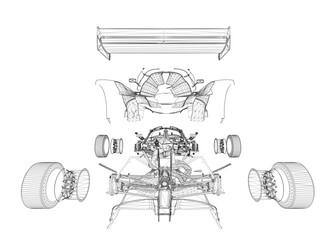 Poster - A drawing of a car engine with the parts labeled. The drawing is in black and white and the mood is serious and technical