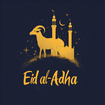 Eid Al Adha card design with a golden, glowing goat silhouette and mosque silhouettes on a dark blue background.