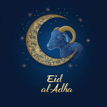 Eid Al Adha card design with a golden, glowing goat silhouette and mosque silhouettes on a dark blue background.