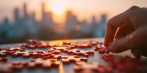 Poster - Close-up of hand placing red puzzle piece, blurred city sunset background, showcasing problem-solving, connection, and teamwork concepts