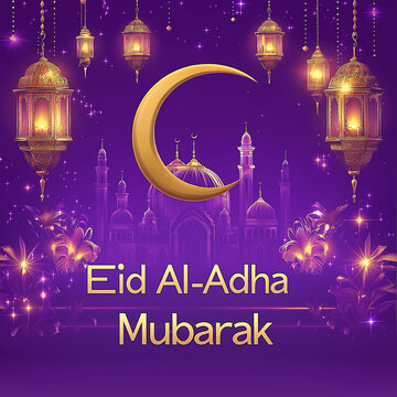 Eid al Adha and Islamic mosque silhouette with a Muslim ornamental hanging lantern. This greeting card has an Islamic celebration background