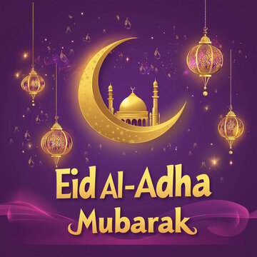 Eid al Adha and Islamic mosque silhouette with a Muslim ornamental hanging lantern. This greeting card has an Islamic celebration background