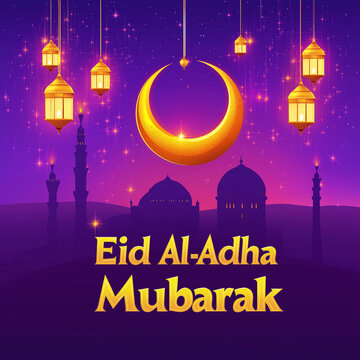 Eid al Adha and Islamic mosque silhouette with a Muslim ornamental hanging lantern. This greeting card has an Islamic celebration background