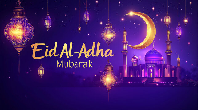 Eid al Adha and Islamic mosque silhouette with a Muslim ornamental hanging lantern. This greeting card has an Islamic celebration background