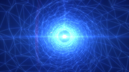 Poster - abstract glowing digital tunnel with blue polygonal grid converging toward a bright center, symboliz