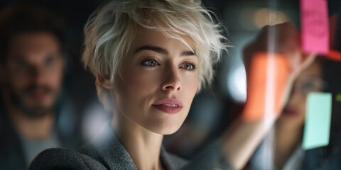 Poster - Close-up of woman with short blond hair, focused on task,  representing concentration, teamwork, and modern business strategy