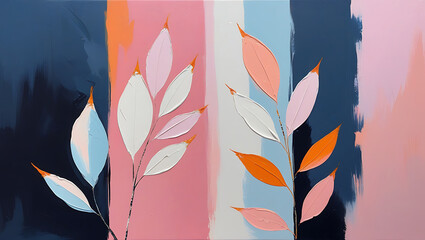Poster - Abstract painting features a stylized branch with leaves in soft pastel colors