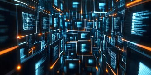 Poster - multiple computer monitors, arranged in a grid-like pattern and viewed in close-up, embody futuristi