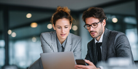 Poster - Two businesspeople, woman and man, collaborate, reviewing data on laptop and phone, showcasing teamwork and modern business strategy