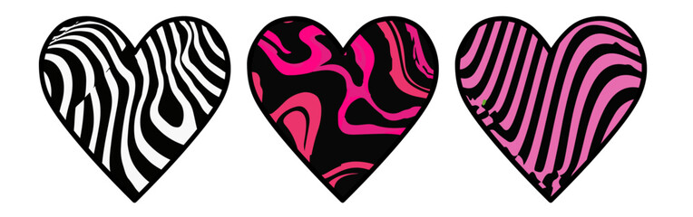 Aufkleber - Colorful hearts with bold zebra and wavy animal print patterns in purple, pink, red, black, and white. Playful, trendy, and modern vector art perfect for stylish, creative projects.
