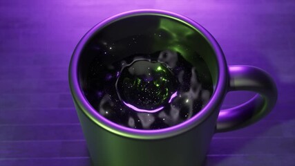 Poster - swirling cosmic energy expanding within dark ceramic surface, illuminated by vibrant purple light cr