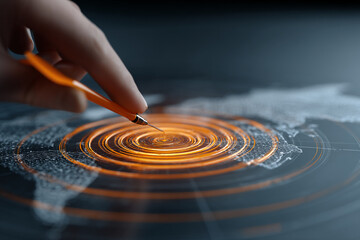 Poster - Hand using stylus, creating glowing orange concentric circles on a world map display.  Illustrates global connection, innovation, or data visualization