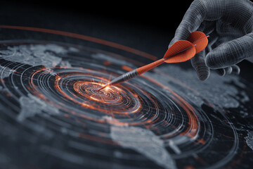 Poster - Wireframe hand throws dart hitting bullseye on glowing world map target, symbolizing global reach, precision, and success in business strategy