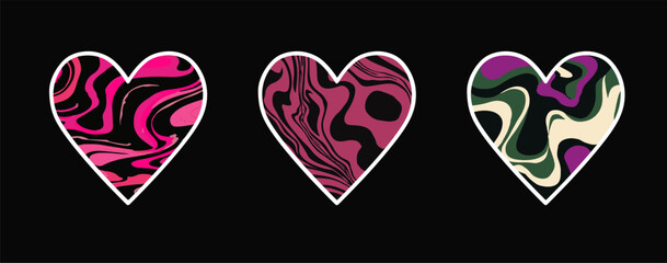 Aufkleber - Vector illustration of three hearts with bold psychedelic marble patterns in pink, purple, and green. Styled in modern abstract vector art, echoing the popular contemporary maximalist trend.