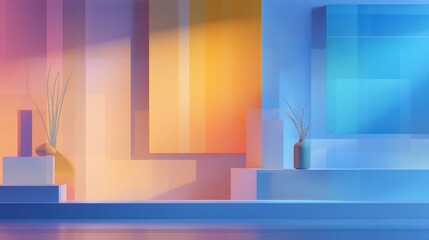 Poster - Abstract geometric composition with colorful blocks and minimalistic vases in a serene setting