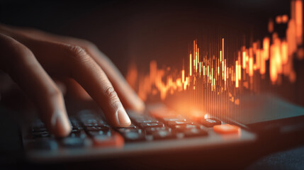 Poster - Close-up of fingers using calculator, orange financial graph behind, suggesting data analysis, financial success, investment, or market trends