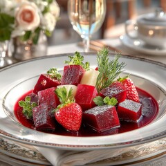 Poster - Elegant Beet Salad with Strawberries, Dill, and Fresh Mint: A Delightful Culinary Composition on a Decorated Plate