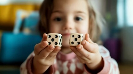 Poster - Child holding two dice while playing a board game, experiencing a joyful moment filled with fun and learning, developing strategic thinking and enjoying time with family indoors