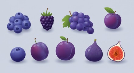 Poster - Vibrant illustration of various purple fruits against a soft, neutral background