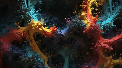Poster - Ethereal streams of vibrant yellow, orange, and teal blend in abstract fluid art expression.