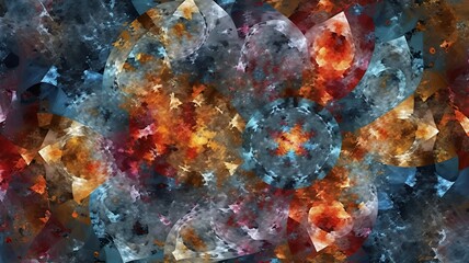 Poster - Abstract fractal art in shades of blue, orange and red creates a celestial, dreamlike quality.
