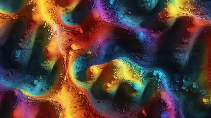 Poster - A vibrant, abstract landscape of swirling colors and textured formations creates a sense of depth.