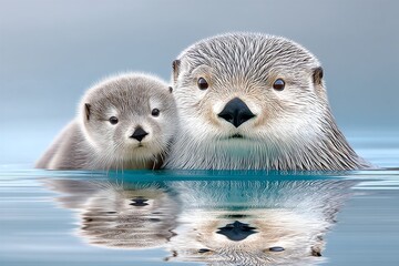 Poster - A sea otter floating peacefully with its pup in clean, oil-free water
