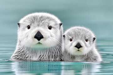 Poster - A sea otter floating peacefully with its pup in clean, oil-free water