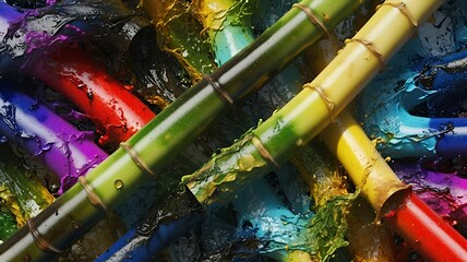 Poster - Vibrant bamboo sections interlock, splashed with dynamic bursts of paint, creating abstract pattern.