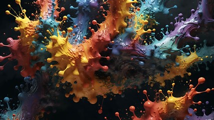 Poster - Vibrant paint splashes collide in a dynamic burst of color against a dark, contrasting background.