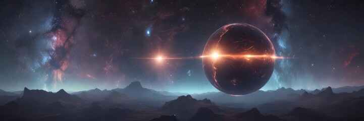 Wall Mural - Glowing sphere floats in a vast nebula, radiating light ,  swirling,  bright,  dark matter