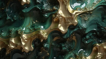 Poster - Emerald and gold abstract art featuring dynamic, fluid patterns and luxurious, glossy textures.