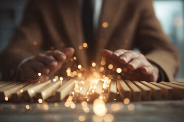Poster - wooden blocks arranged, hands hovering above, sparkling light effect, showcasing fragility, risk, or