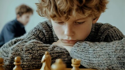 Poster - Young boy with curly hair concentrating on his next move during a chess game, developing strategic thinking and enjoying intellectual hobby in chess club