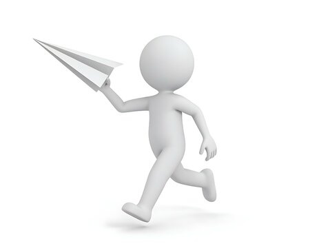 3D Render Running Figure, Paper Airplane, Flight, Speed, Journey