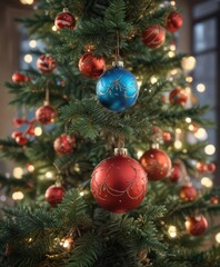 Wall Mural - Close-up vibrant ornaments on a glowing Christmas tree, winter wonderland backdrop,  festive,  close-up,  red