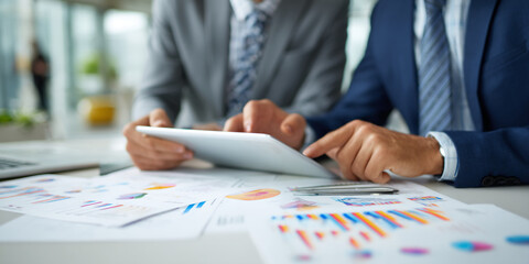 Poster - close-up of hands using tablet, analyzing colorful charts and graphs business meeting, collaboration