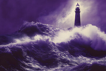 Wall Mural - defiant waves crash upon a sturdy lighthouse purple background