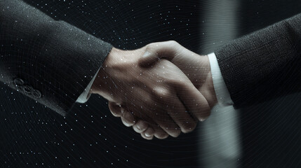 Poster - close-up of two hands shaking, overlaid with a subtle network pattern, symbolizing connection and pa