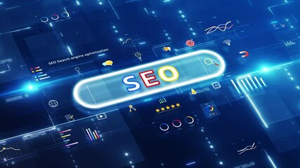 Fototapete - SEO Search Engine Optimization Concept. Colorful Insights Statistics Charts and Futuristic Analytics Elements Icons on Dark Blue Digital Technology Background.