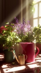 Poster - vibrant indoor garden with purple flowers and green plants illuminated by sunlight