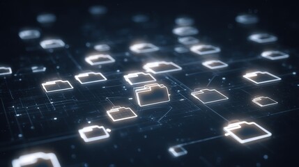 Poster - abstract network grid with files and folders, futuristic software interface, digital document manage