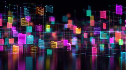 Poster - abstract network grid with files and folders, futuristic software interface, digital document manage