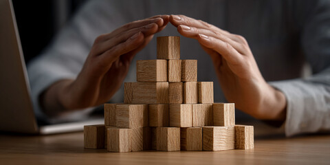 Poster - Wooden blocks stacked pyramid-like, hands gently protecting them, symbolizing security, growth, and stability in business or construction