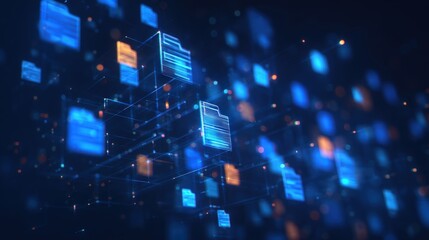 Poster - abstract network grid with files and folders, futuristic software interface, digital document manage